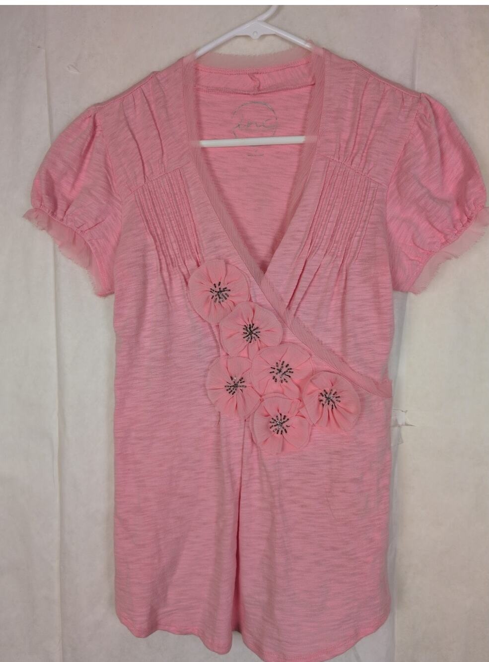 Inc pink 3D floral puff sleeve burn out top Size Small Feminine Romantic Boho